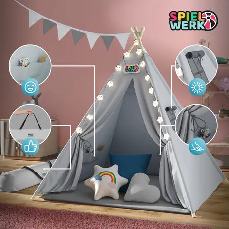 Spielwerk Children's Teepee Tent Fairy Lights Kid's 2.5cm Floor Play Mat 3 Pillows Cotton Carry Bag Tipi Playhouse Indoor 120x120x160cm Wigwam Blue 6 Spielwerk Children's Teepee Tent Fairy Lights Kid's 2.5cm Floor Play Mat 3 Pillows Cotton Carry Bag Tipi Playhouse Indoor 120x120x160cm Wigwam Blue - Image 4
