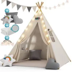 Spielwerk Children's Teepee Tent Fairy Lights Kid's 2.5cm Floor Play Mat 3 Pillows Cotton Carry Bag Tipi Playhouse Indoor 120x120x160cm Wigwam White