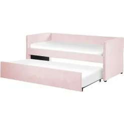 Beliani Trundle Bed Light Pink Glam Velvet Upholstery Slats EU Single Troyes