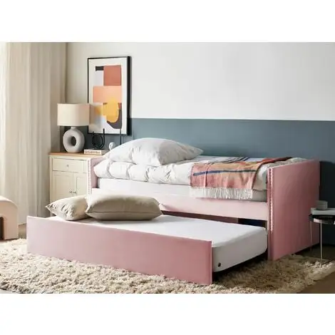 Beliani Trundle Bed Light Pink Glam Velvet Upholstery Slats EU Single Troyes 4 Beliani Trundle Bed Light Pink Glam Velvet Upholstery Slats EU Single Troyes - Image 2