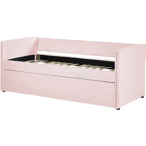 Beliani Trundle Bed Light Pink Glam Velvet Upholstery Slats EU Single Troyes 7 Beliani Trundle Bed Light Pink Glam Velvet Upholstery Slats EU Single Troyes - Image 5