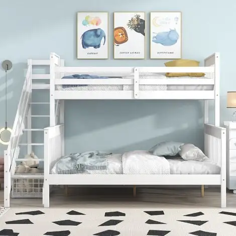 Abrihome Triple Bunk Bed, Three Sleeper, 3FT Single, 4FT6 Double, Solid Pine Wood Frame, With Side Ladder, Kids Children, White (90x190cm, 135x190cm) 3 Abrihome Triple Bunk Bed, Three Sleeper, 3FT Single, 4FT6 Double, Solid Pine Wood Frame, With Side Ladder, Kids Children, White (90x190cm, 135x190cm)