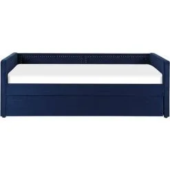 Beliani Corduroy Fabric EU Single Trundle Bed Frame Nailhead Trim 3ft Navy Blue Mimizan -Children's chairs Sales Store 85748305 5 1