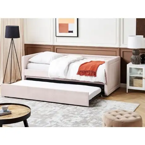 Beliani Modern Fabric EU Single Trundle Bed Frame Nailhead Trim 3ft Pink Mimizan 4 Beliani Modern Fabric EU Single Trundle Bed Frame Nailhead Trim 3ft Pink Mimizan - Image 2