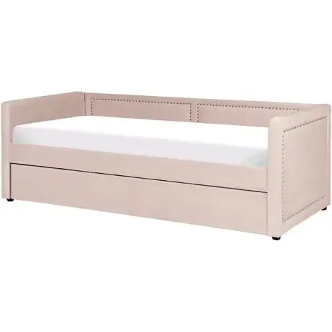 Beliani Modern Fabric EU Single Trundle Bed Frame Nailhead Trim 3ft Pink Mimizan 7 Beliani Modern Fabric EU Single Trundle Bed Frame Nailhead Trim 3ft Pink Mimizan - Image 5