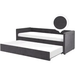 Beliani Modern Corduroy EU Single Trundle Bed Frame Nailhead Trim 3ft Dark Grey Mimizan