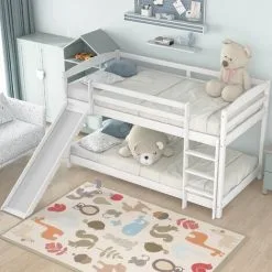 QHJ Single Bunk Bed With Convertible Slide And Ladder,White