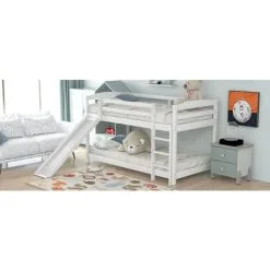 QHJ Single Bunk Bed With Convertible Slide And Ladder,White -Children's chairs Sales Store 90520461 4