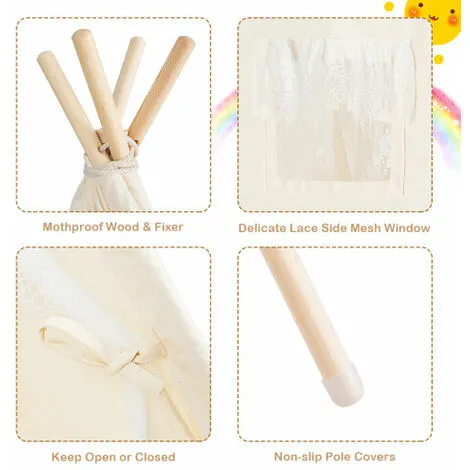 Casart Kids Lace Teepee Tent Foldable Children Play Tent W/ 4 Wooden Poles 4 Casart Kids Lace Teepee Tent Foldable Children Play Tent W/ 4 Wooden Poles - Image 2