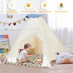 Casart Kids Lace Teepee Tent Foldable Children Play Tent W/ 4 Wooden Poles 7 Casart Kids Lace Teepee Tent Foldable Children Play Tent W/ 4 Wooden Poles -Children's chairs Sales Store 96492480 3