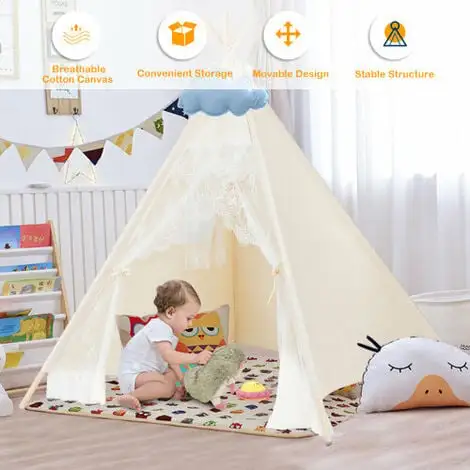 Casart Kids Lace Teepee Tent Foldable Children Play Tent W/ 4 Wooden Poles 5 Casart Kids Lace Teepee Tent Foldable Children Play Tent W/ 4 Wooden Poles - Image 3