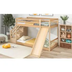 SWEEVT Children's Cabin Bed Frame With Slide & Ladder, Bunk Bed For Kids With Ladder And Slide (Natural, 190x90cm) -Children's chairs Sales Store 98474660 4