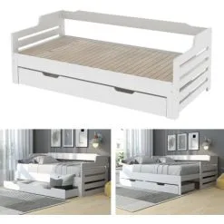 SWEEVT Single KIds Bed, Trundle And Drawer, Cabin Bed, SIngle Guest Bed Sofa Bed, Pull Out Trundle And Storage Drawer For Living Room And Bedroom - (3') 90 X190 Cm - White -Children's chairs Sales Store 98639067 3