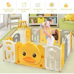 Costway 14 Panel Foldable Baby Playpen Plastic Foldable Kids Safety Play Yard Door Fence -Children's chairs Sales Store 98742330 3